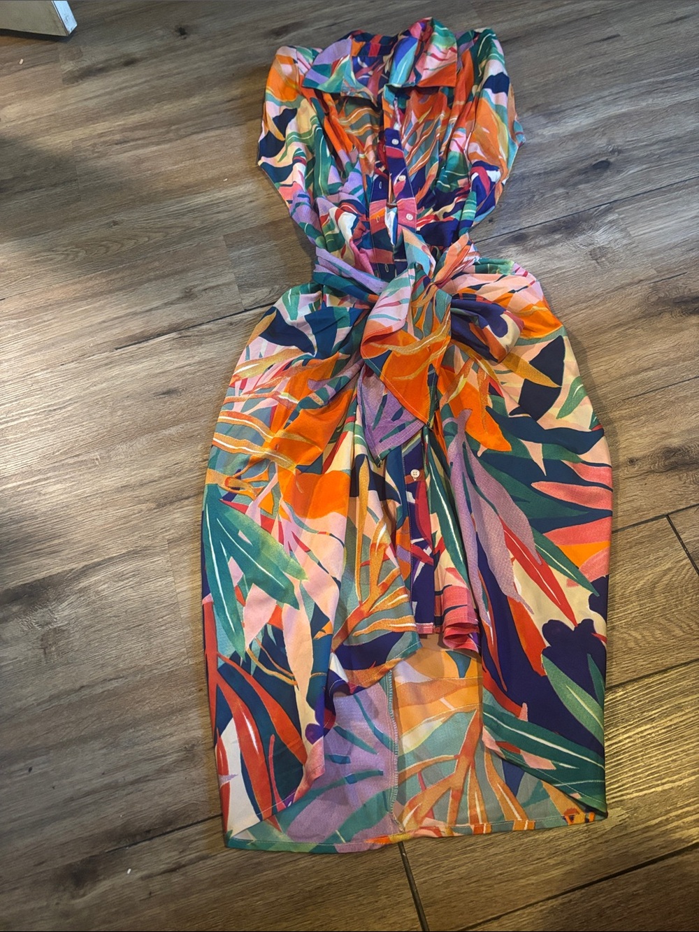 Tropical Print Button-Front Midi Dress in Multicolor